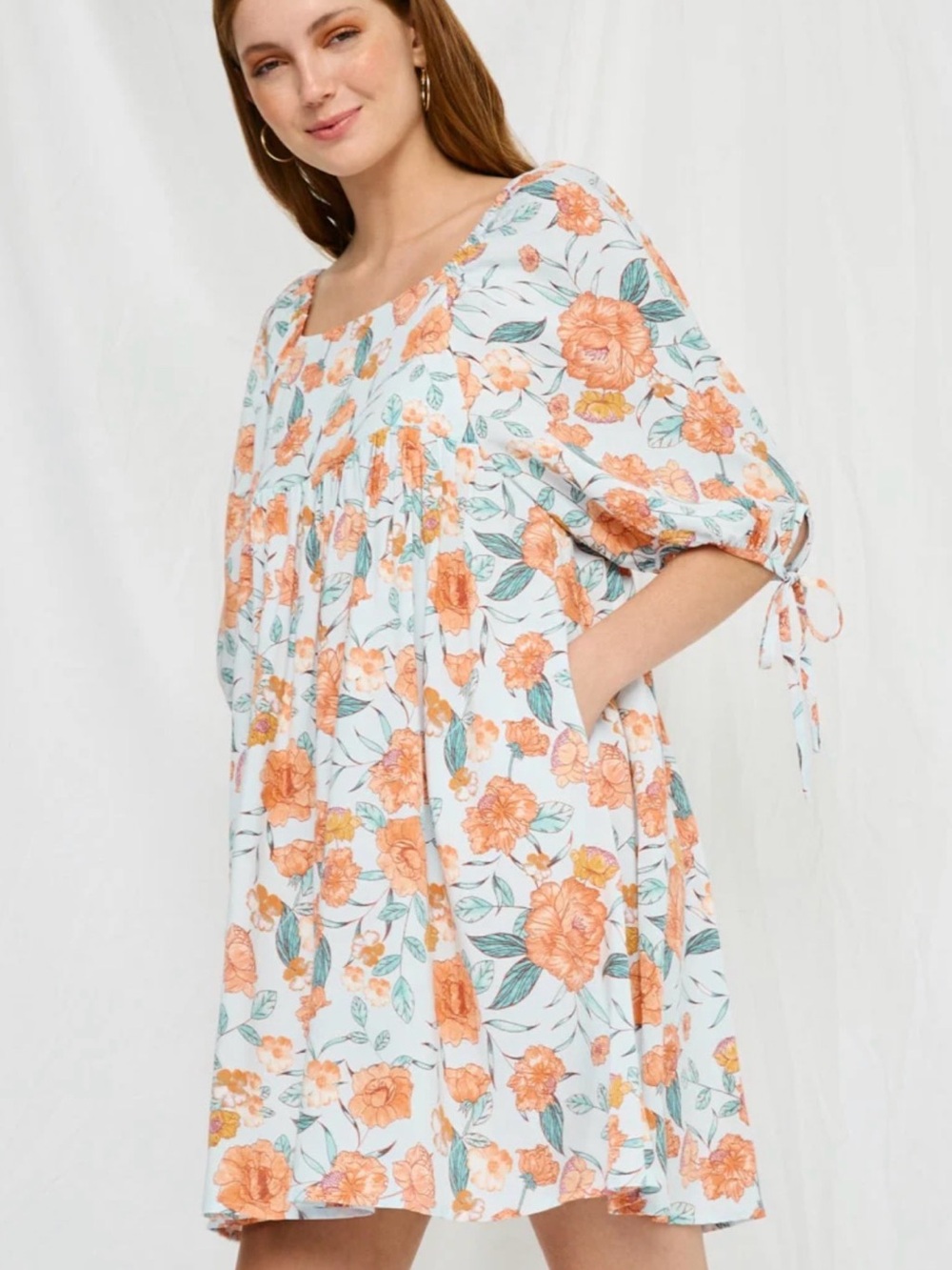 White Mini Dress with Orange Floral Print